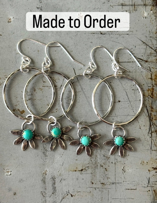 Made to Order (One set) Kingman Turquoise flower hoop earrings