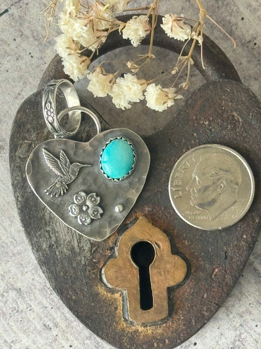 Lone Mountain Turquoise sterling hummingbird heart pendant