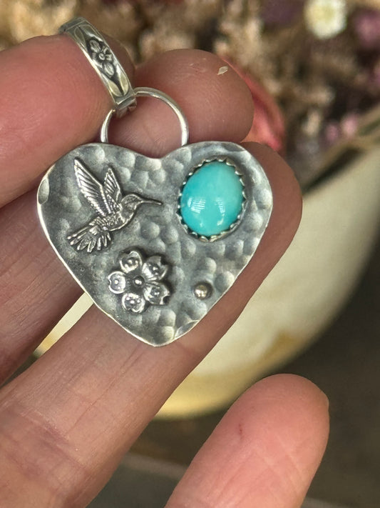 Lone Mountain Turquoise sterling hummingbird heart pendant