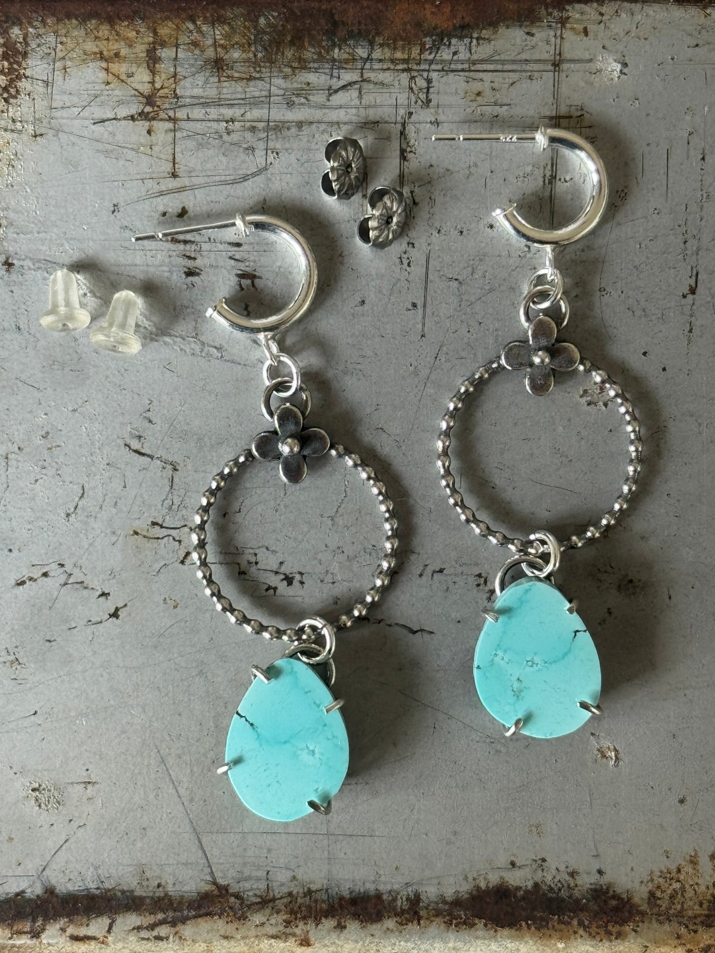 Golden Hills Turquoise Sterling flower hoop earrings