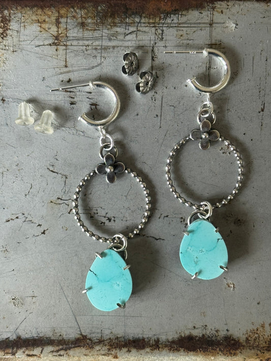 Golden Hills Turquoise Sterling flower hoop earrings