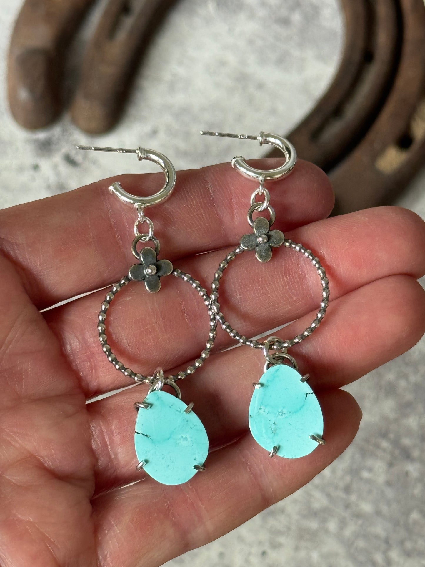 Golden Hills Turquoise Sterling flower hoop earrings