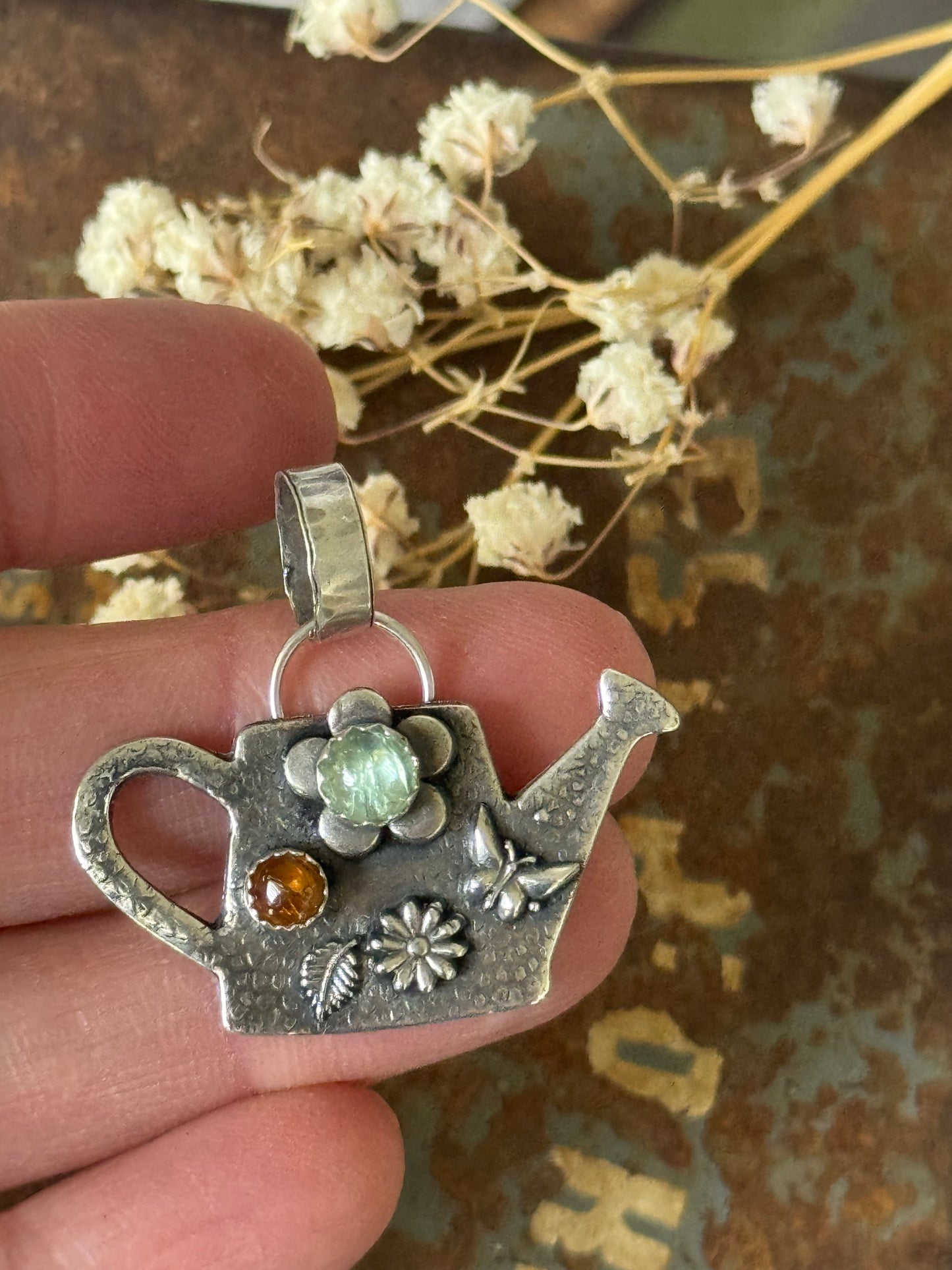 Green Tourmaline and Citrine sterling watering can pendant