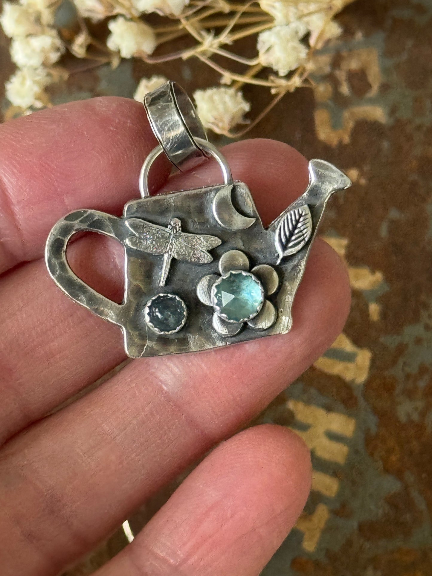Kyanite and Aquamarine sterling watering can pendant