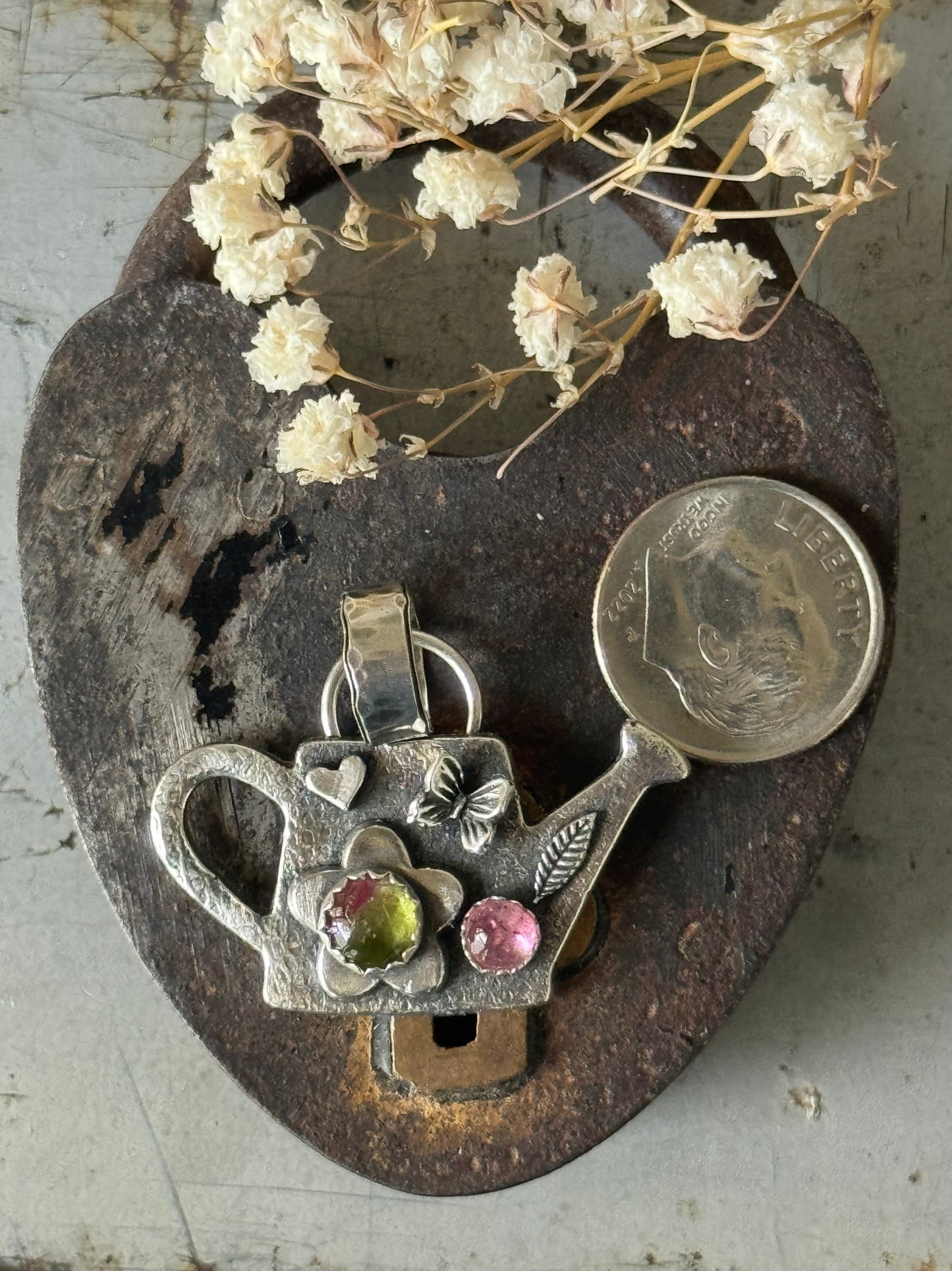 Pink Tourmaline and Watermelon Tourmaline sterling watering can pendant