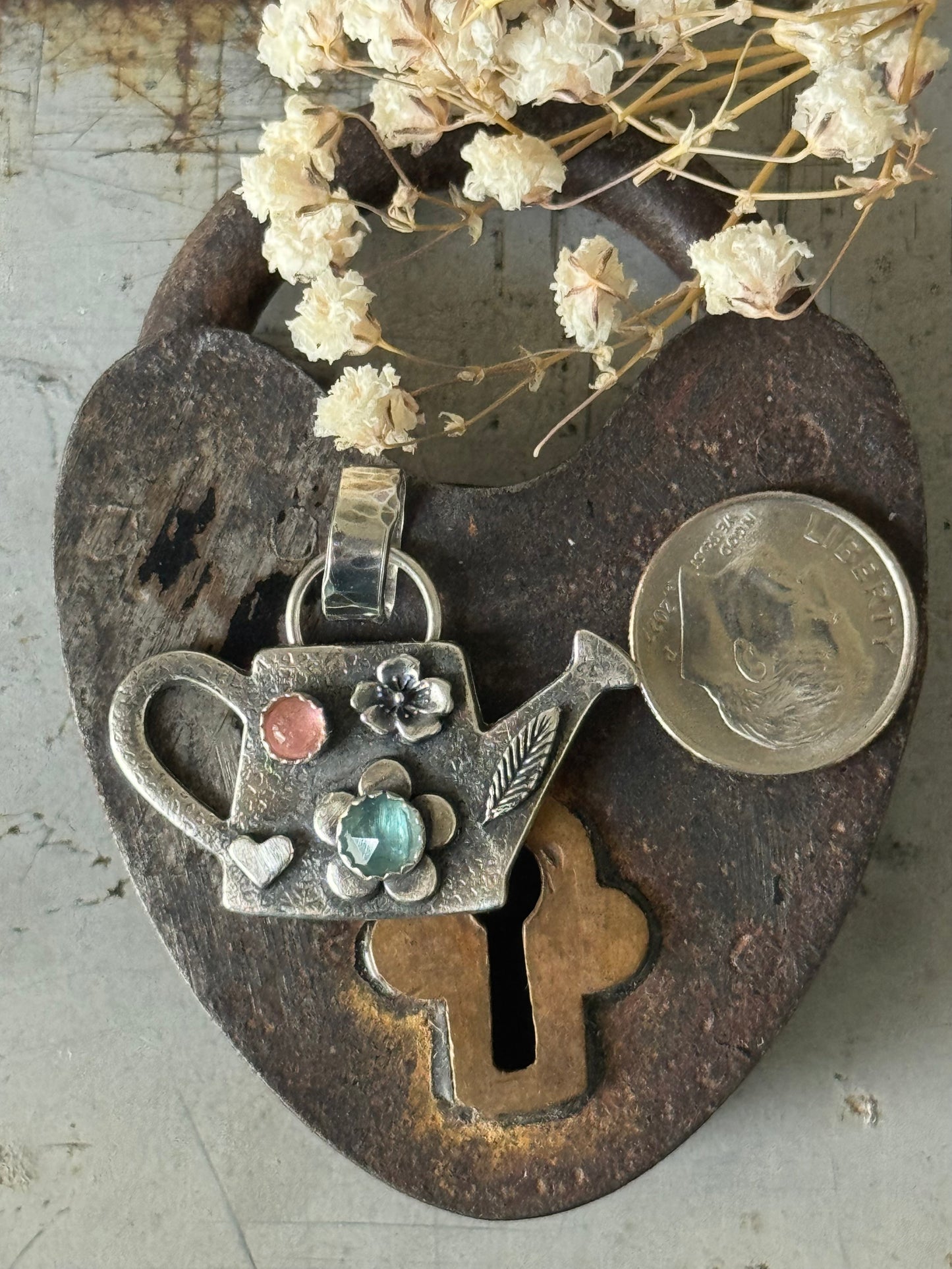 Pink tourmaline and Aquamarine watering can pendant