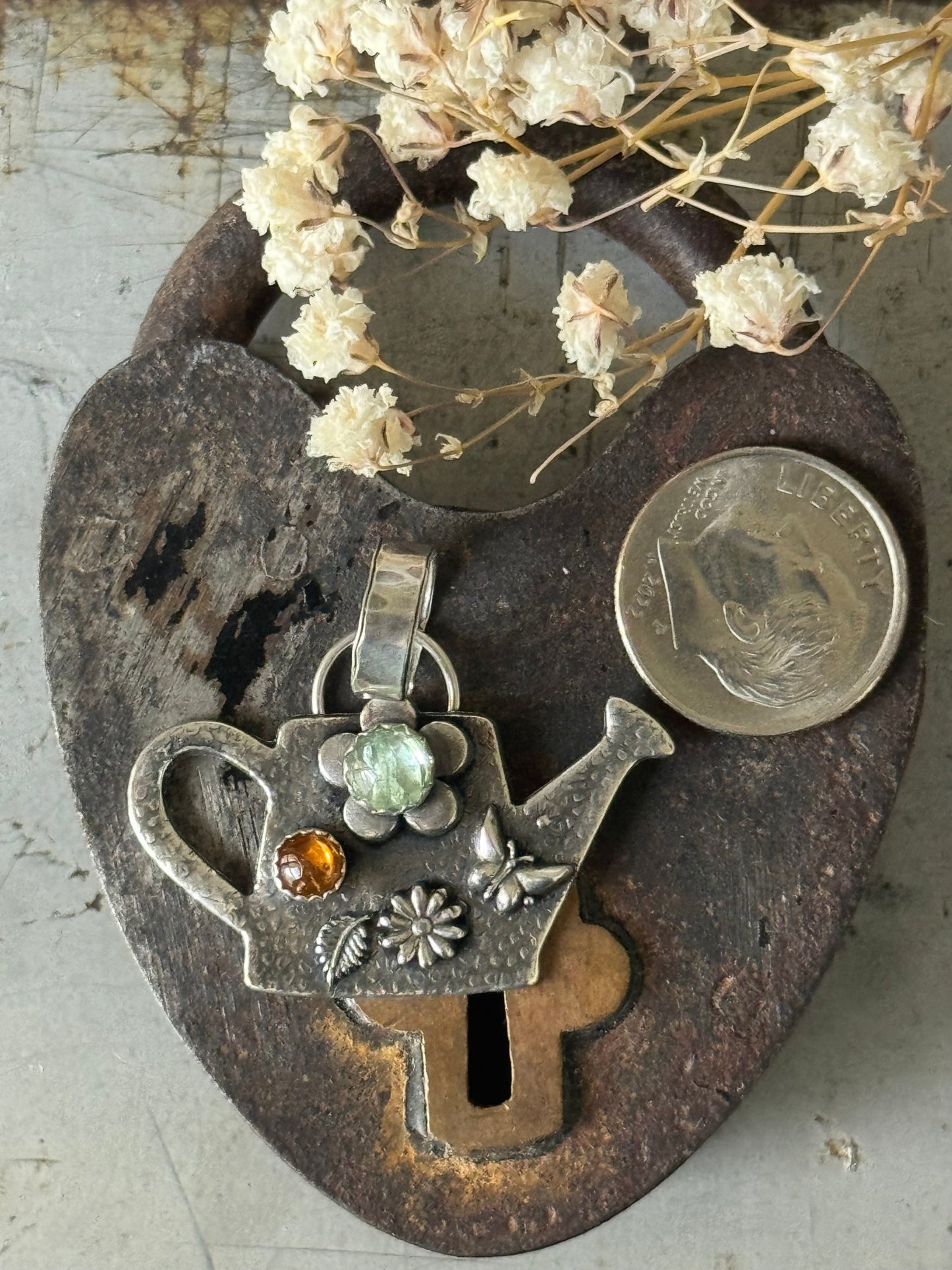 Green Tourmaline and Citrine sterling watering can pendant