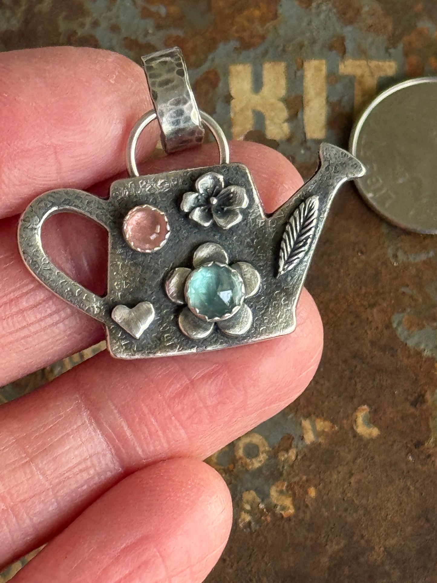 Pink tourmaline and Aquamarine watering can pendant