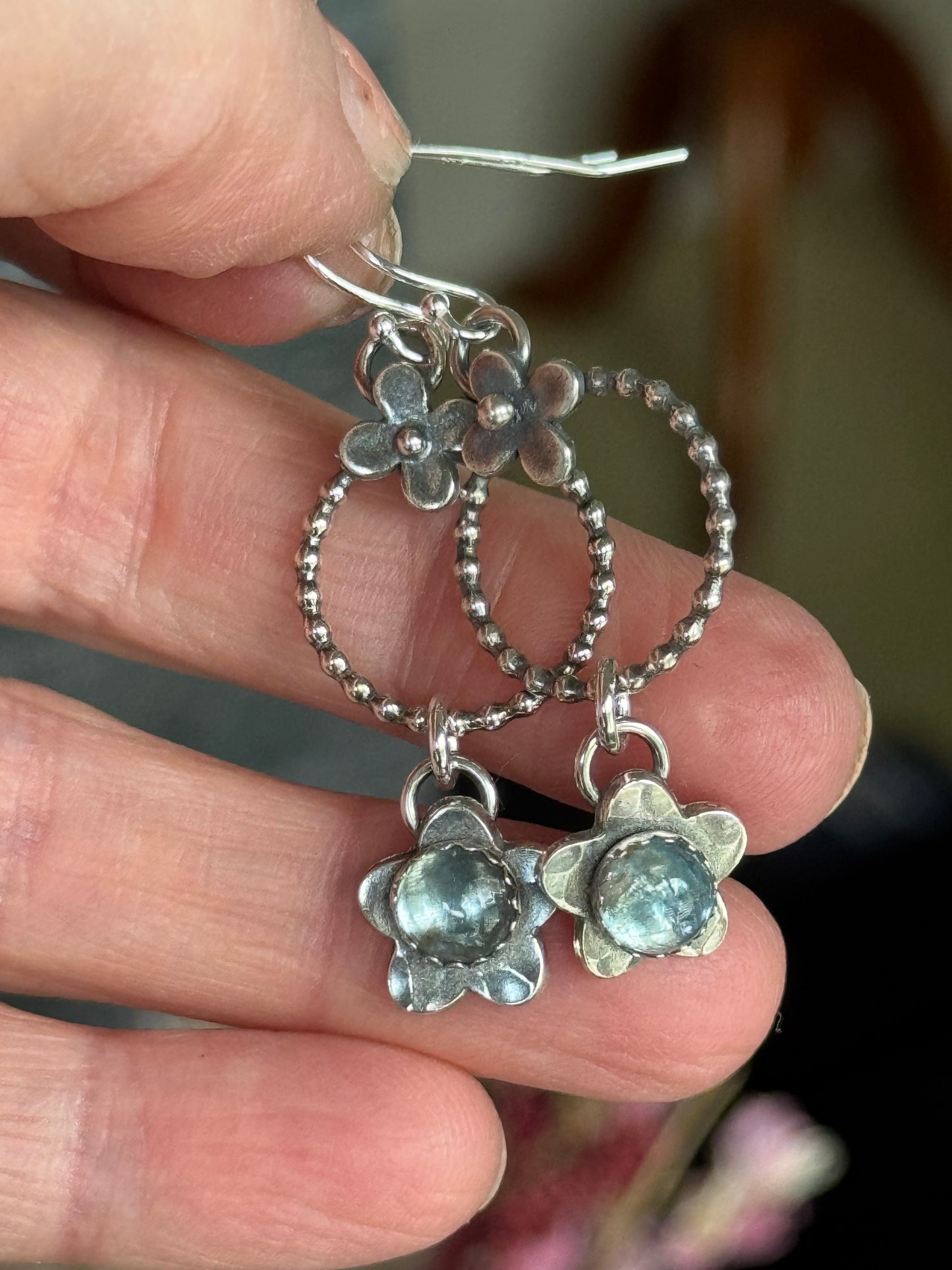 Made to Order Reserved for Lori Aquamarine flower sterling earrings