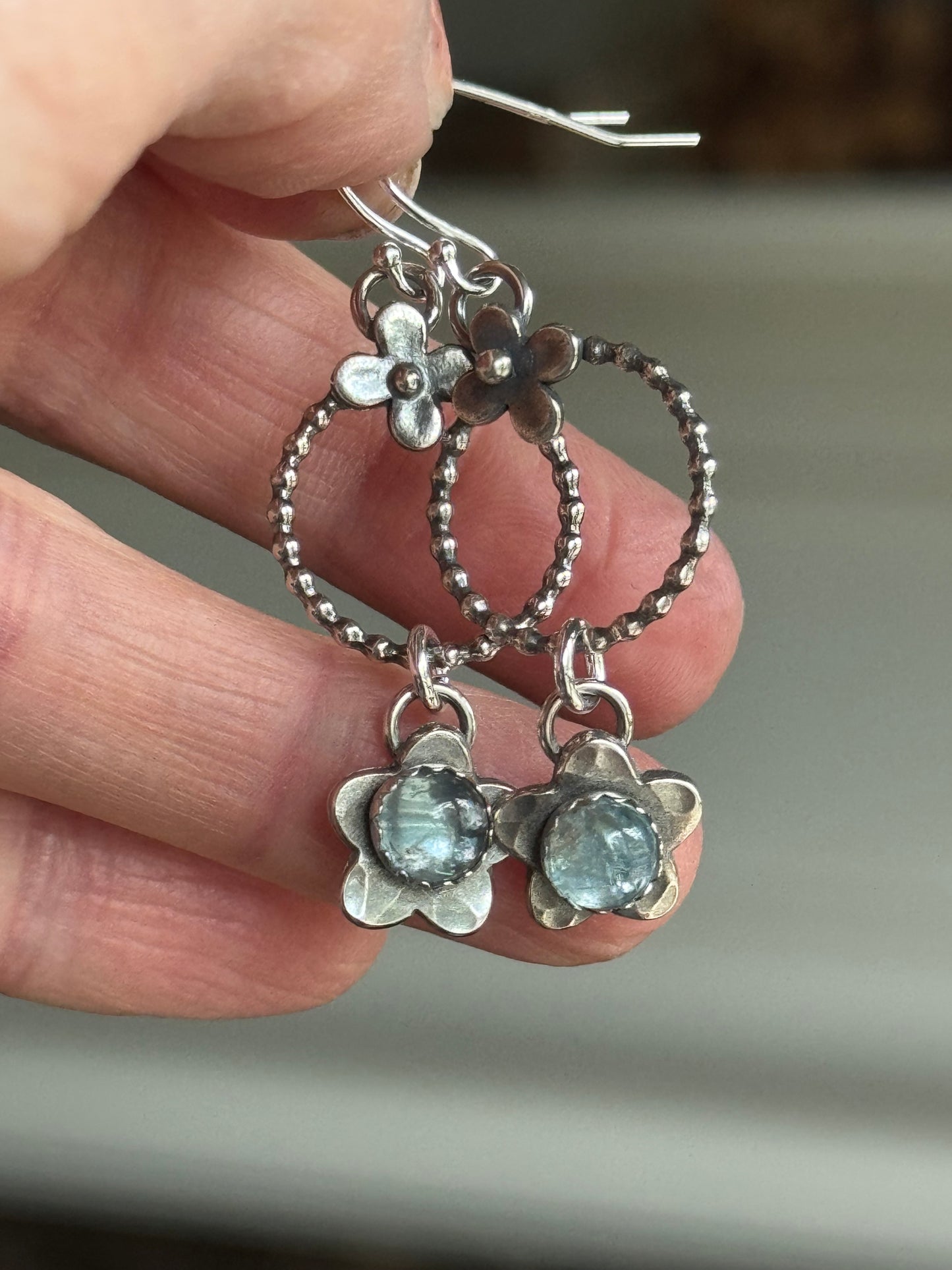 Made to Order Reserved for Lori Aquamarine flower sterling earrings