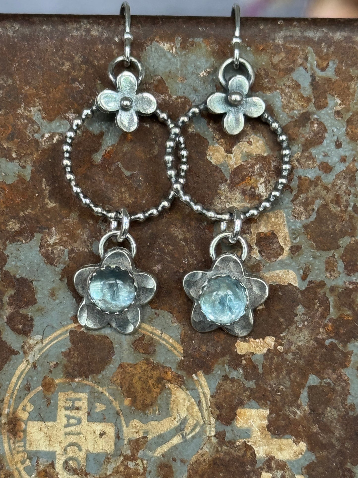 Made to Order Reserved for Lori Aquamarine flower sterling earrings