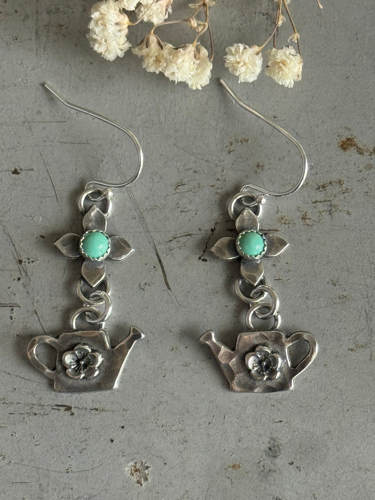 Kingman Turquoise flower sterling watering can earrings