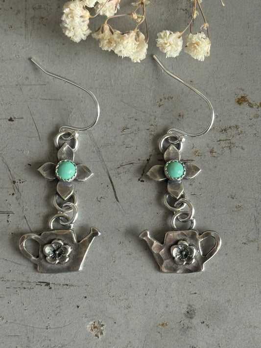 Kingman Turquoise flower sterling watering can earrings