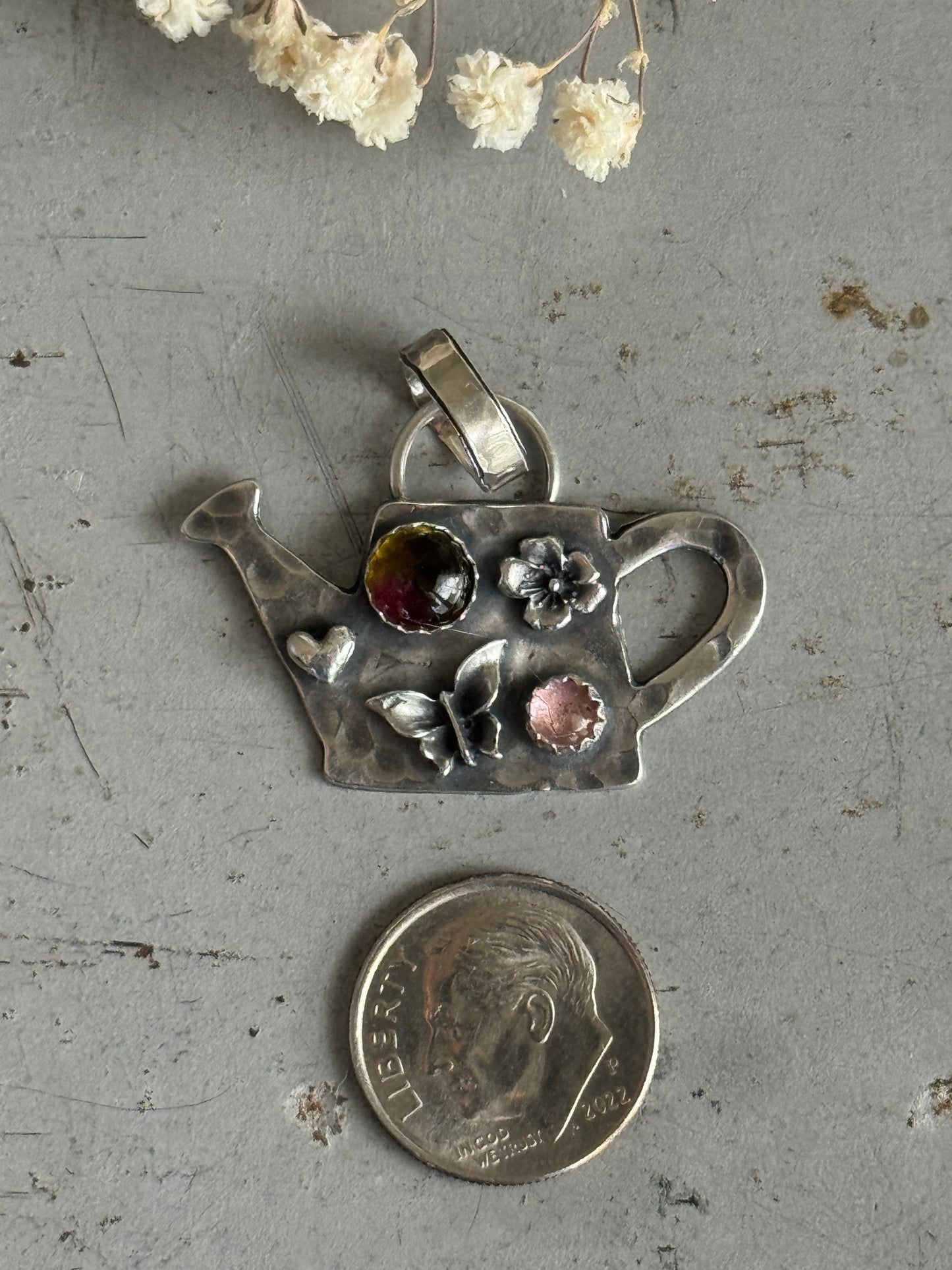 Watermelon Tourmaline and Pink Tourmaline sterling watering can pendant only
