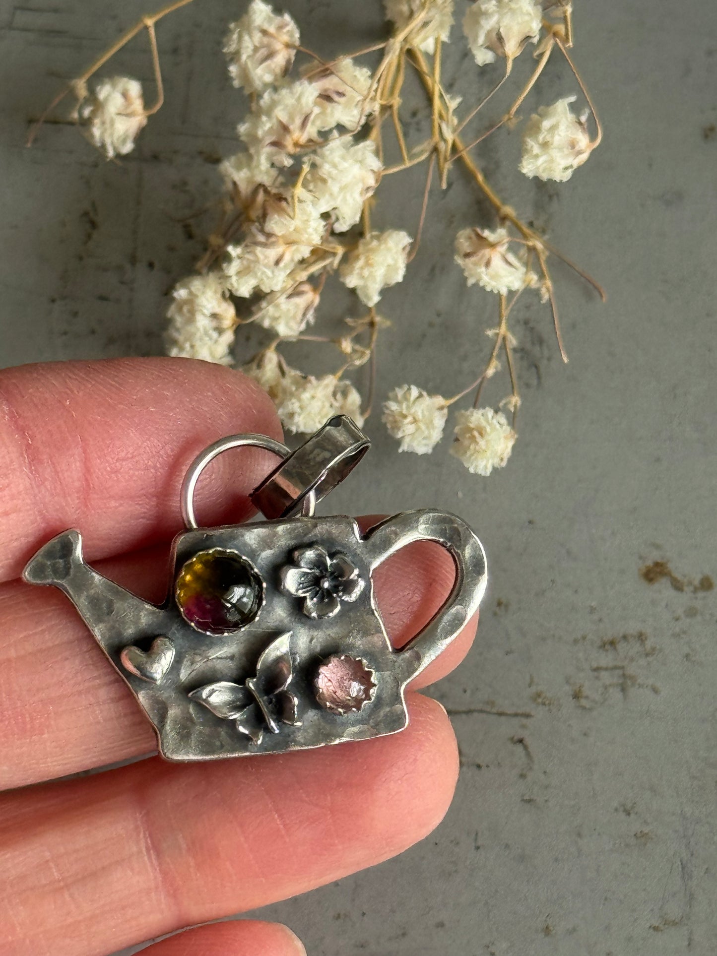 Watermelon Tourmaline and Pink Tourmaline sterling watering can pendant only