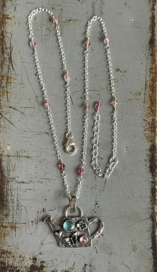 Pink Tourmaline and Ocean Kyanite hand wired gemstone sterling necklace