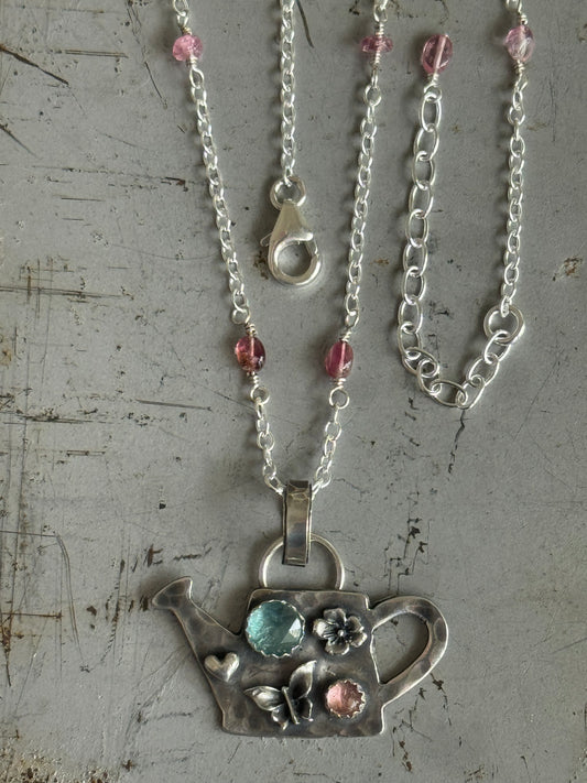 Pink Tourmaline and Ocean Kyanite hand wired gemstone sterling necklace