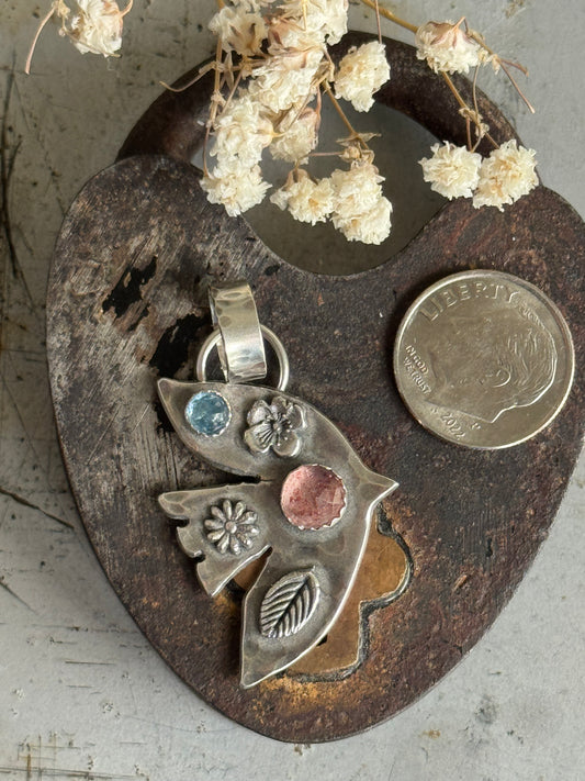 Strawberry Quartz and Blue Kyanite sterling bird pendant