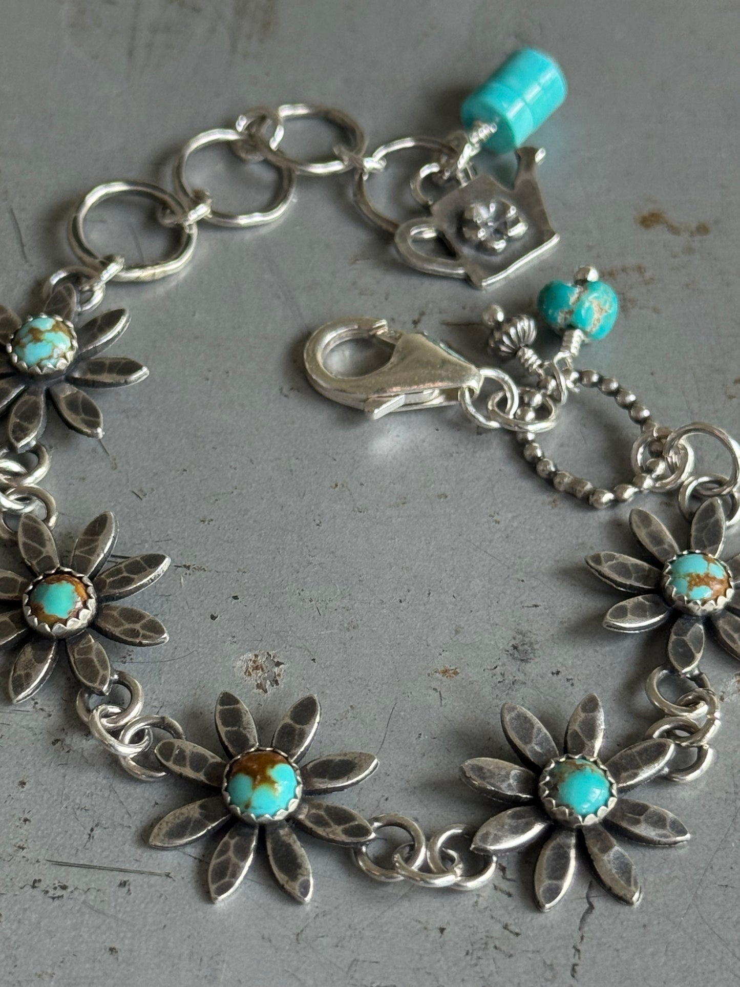 Kingman Turquoise sterling flower bracelet