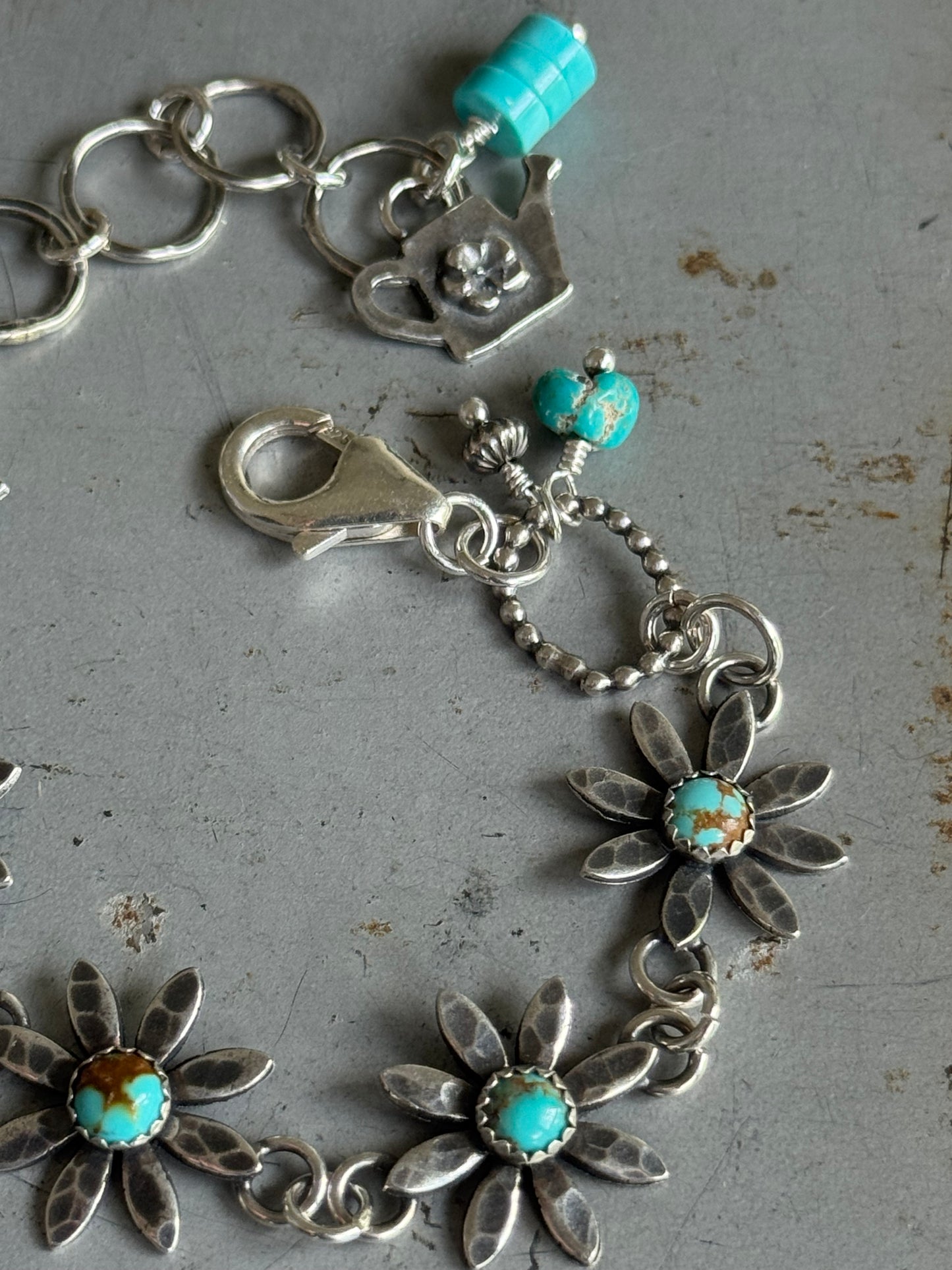 Kingman Turquoise sterling flower bracelet