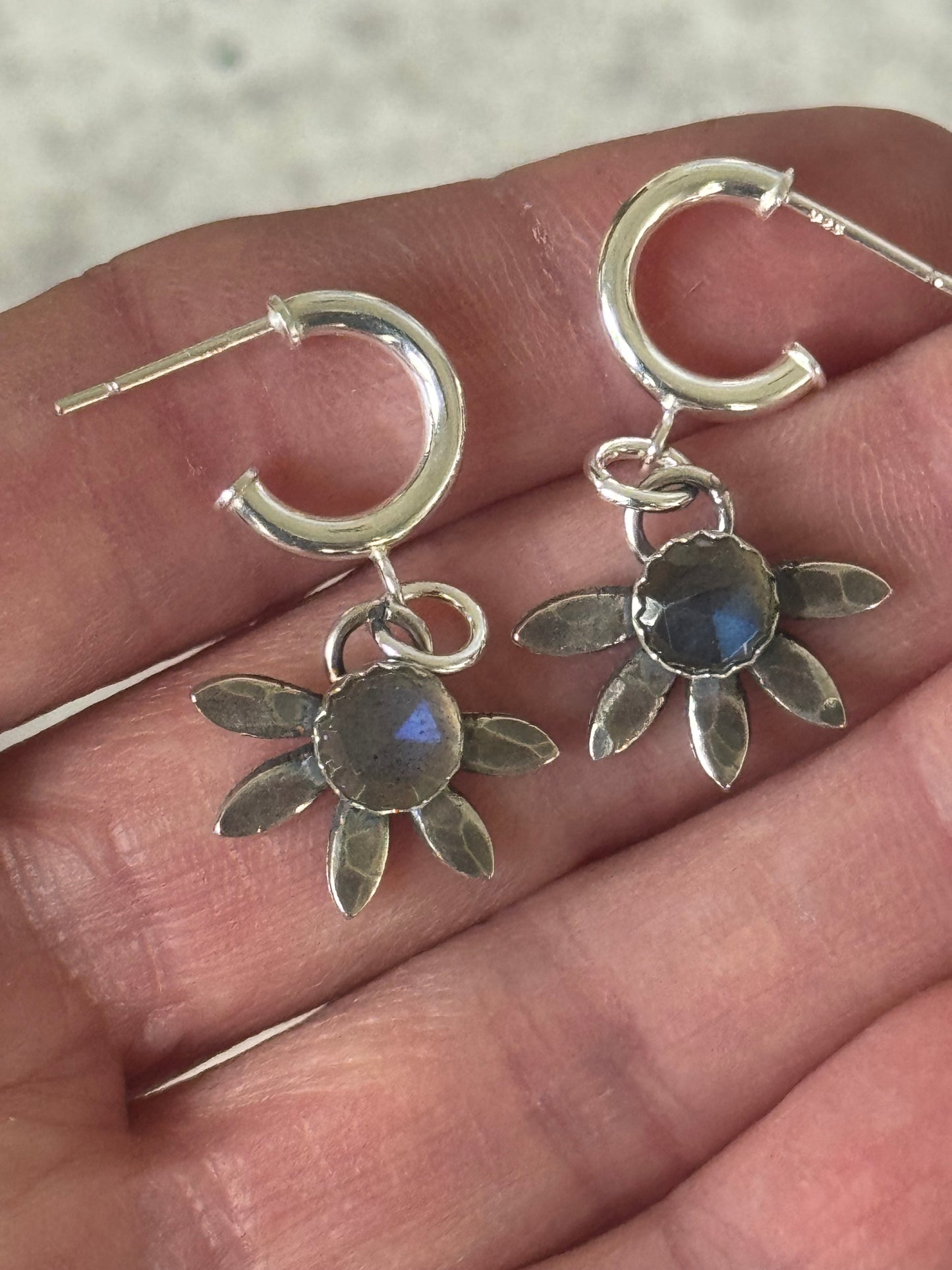 Labradorite Sterling flower hoop earrings
