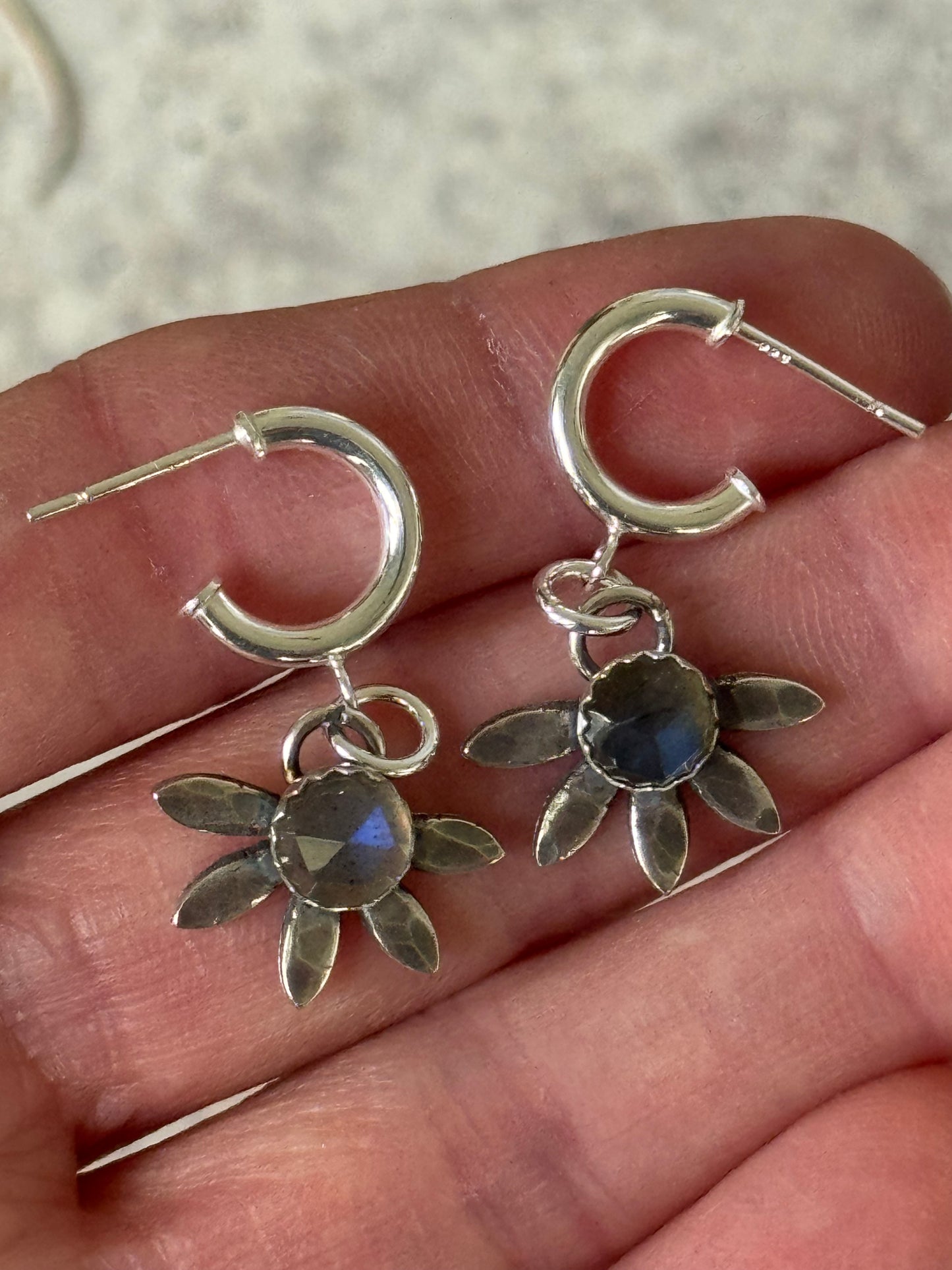 Labradorite Sterling flower hoop earrings