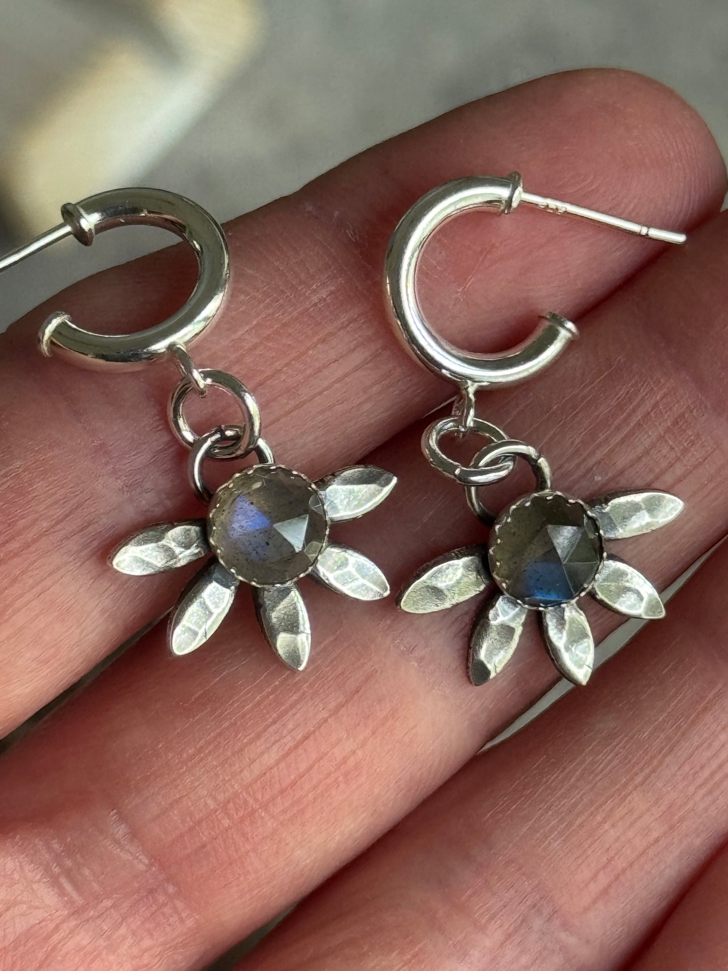 Labradorite Sterling flower hoop earrings