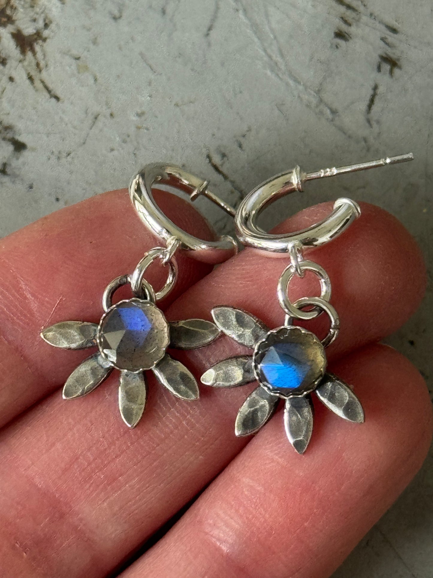Labradorite Sterling flower hoop earrings