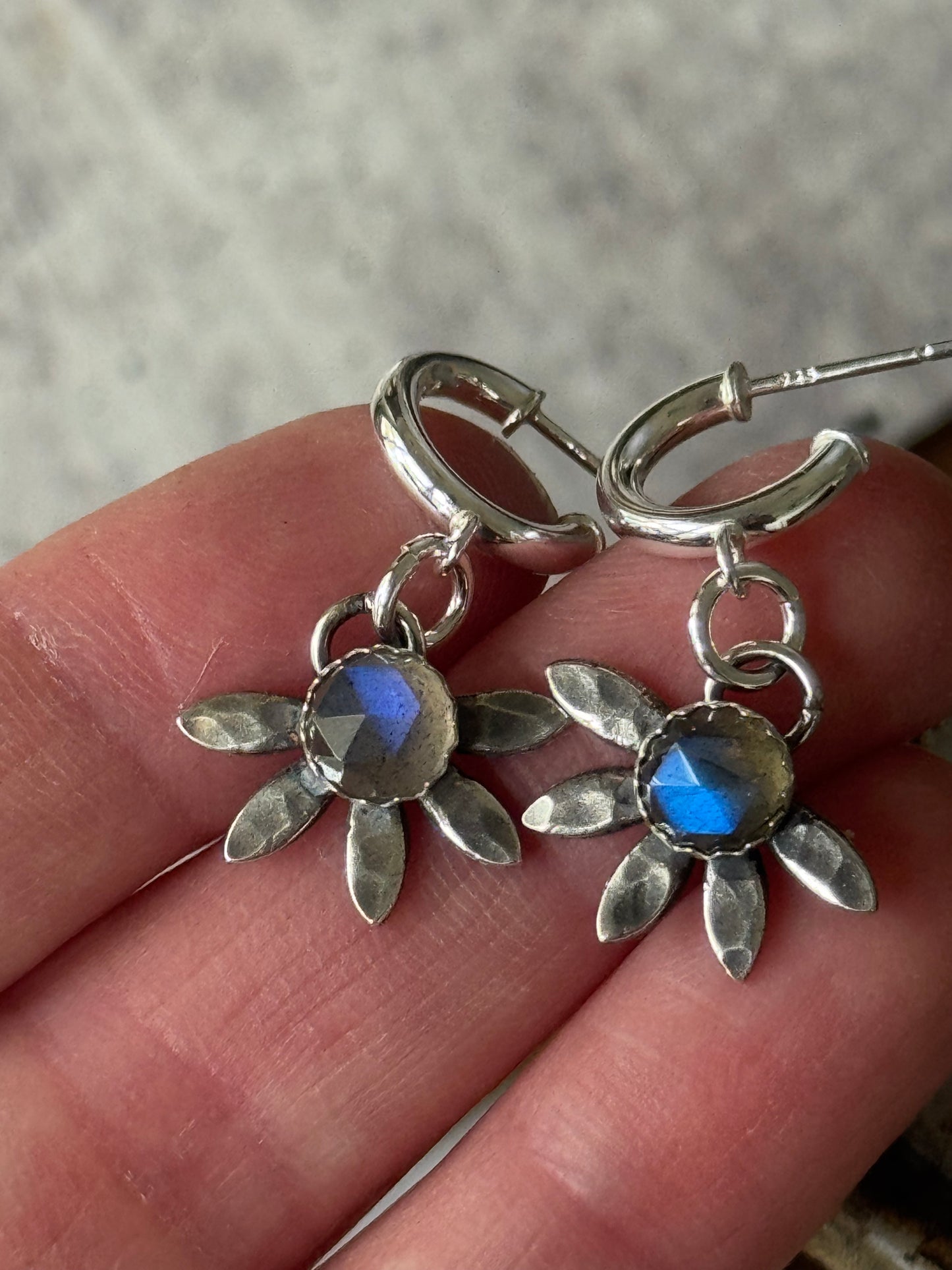 Labradorite Sterling flower hoop earrings