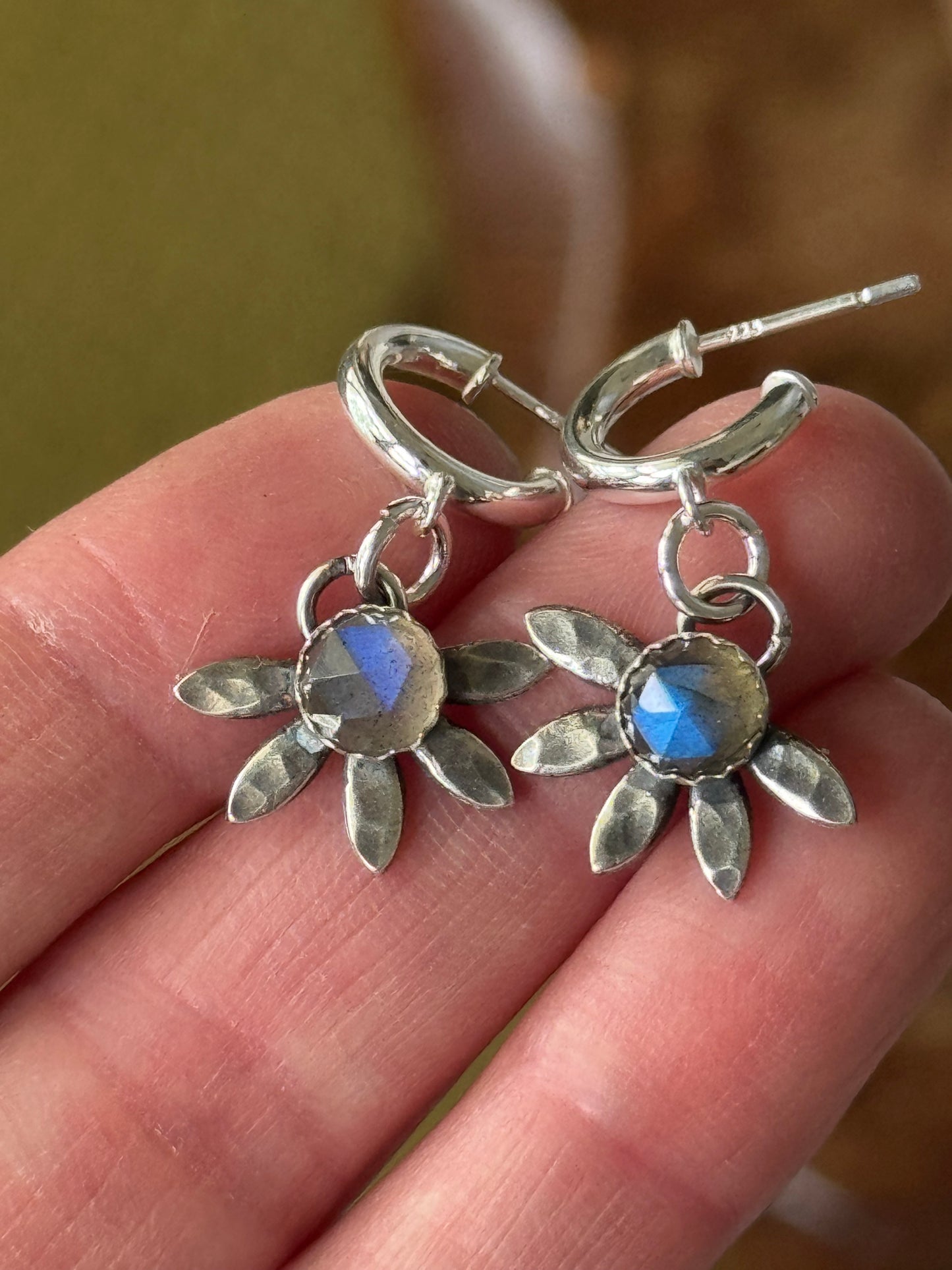 Labradorite Sterling flower hoop earrings