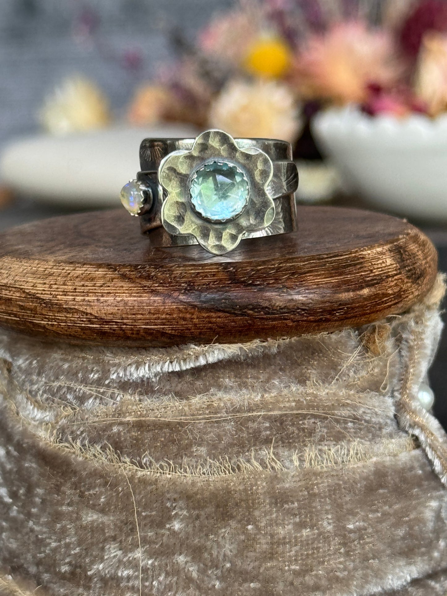 Aquamarine + Opal Adjustable sterling ring