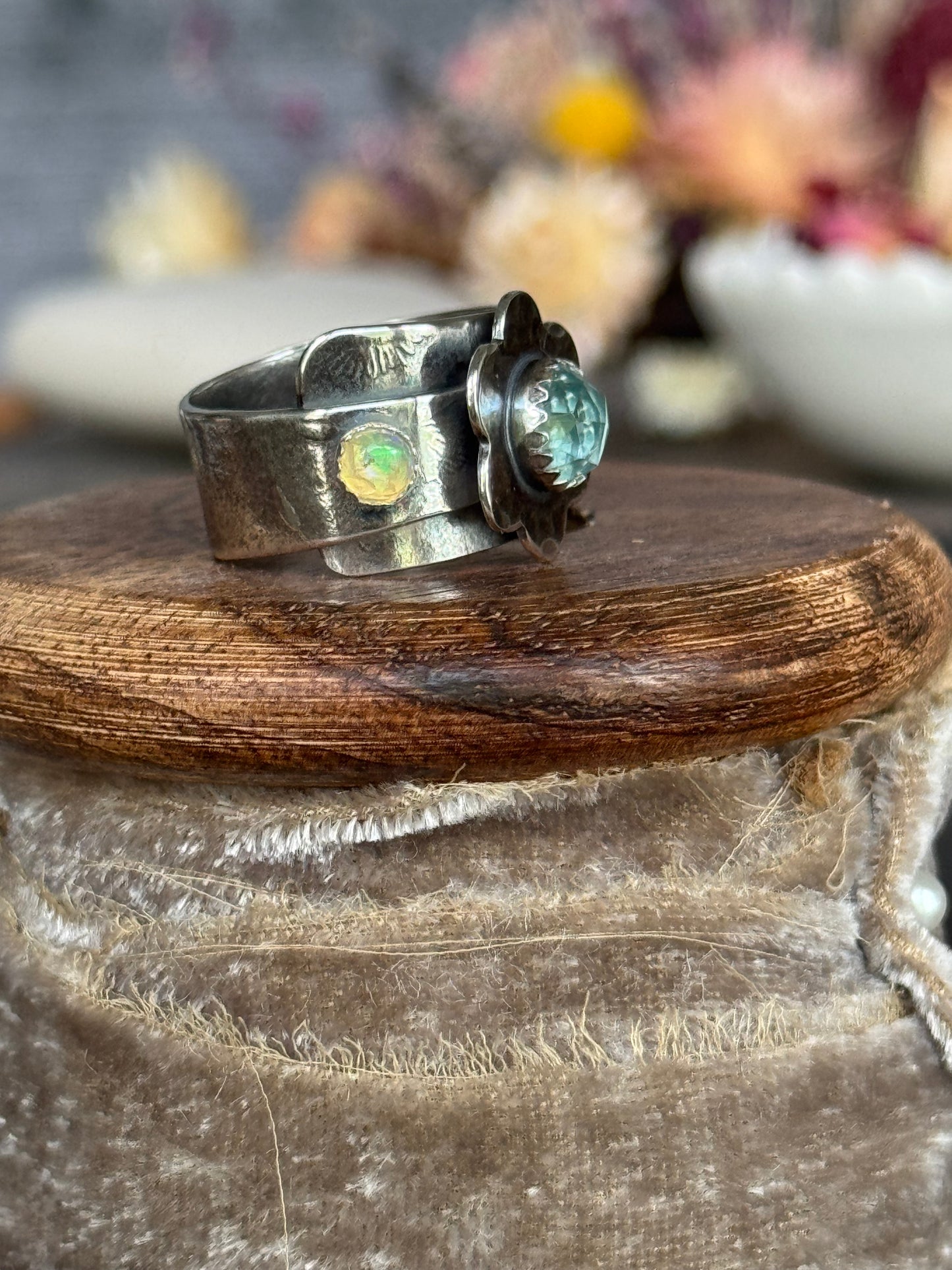 Aquamarine + Opal Adjustable sterling ring