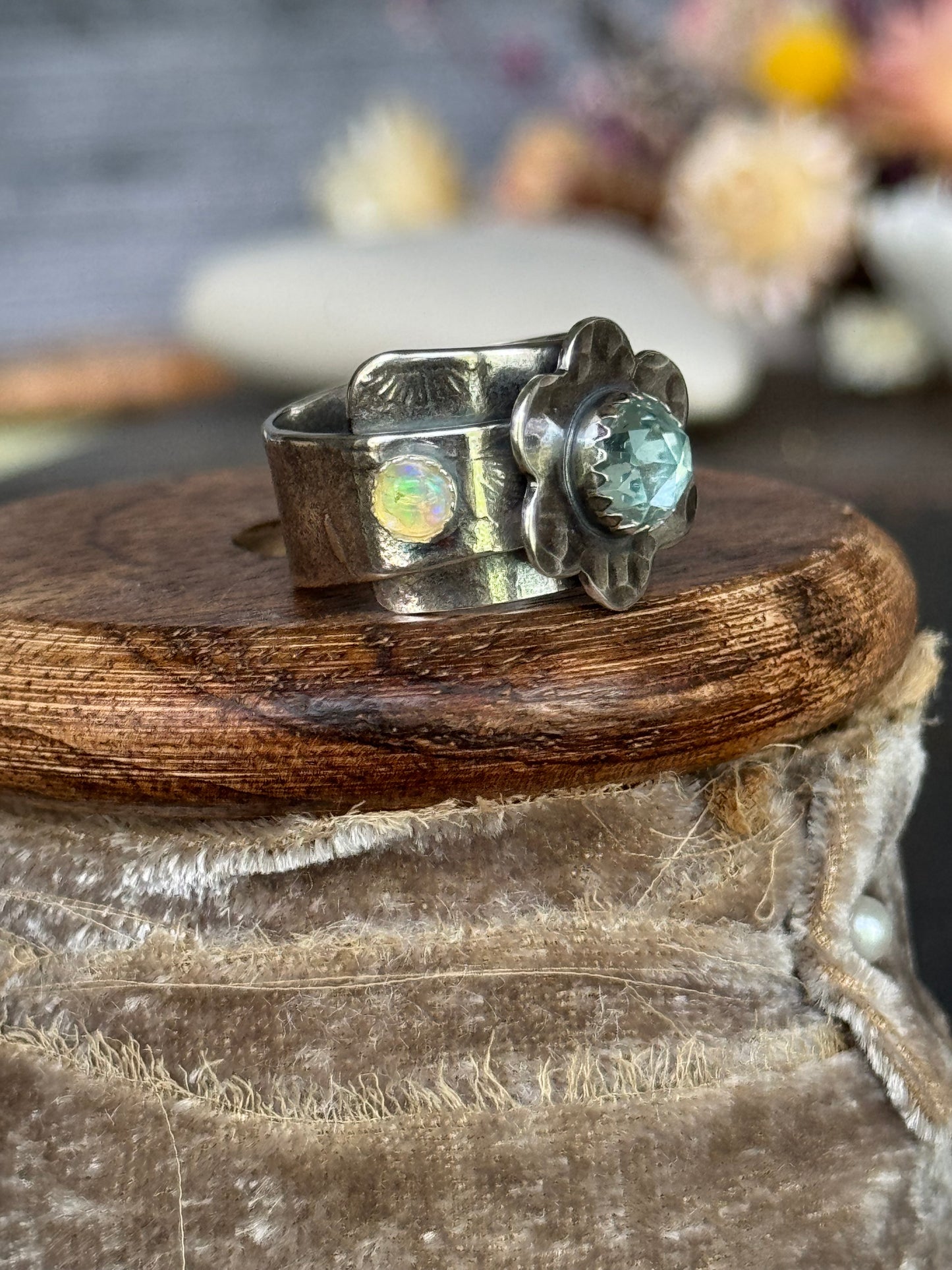 Aquamarine + Opal Adjustable sterling ring