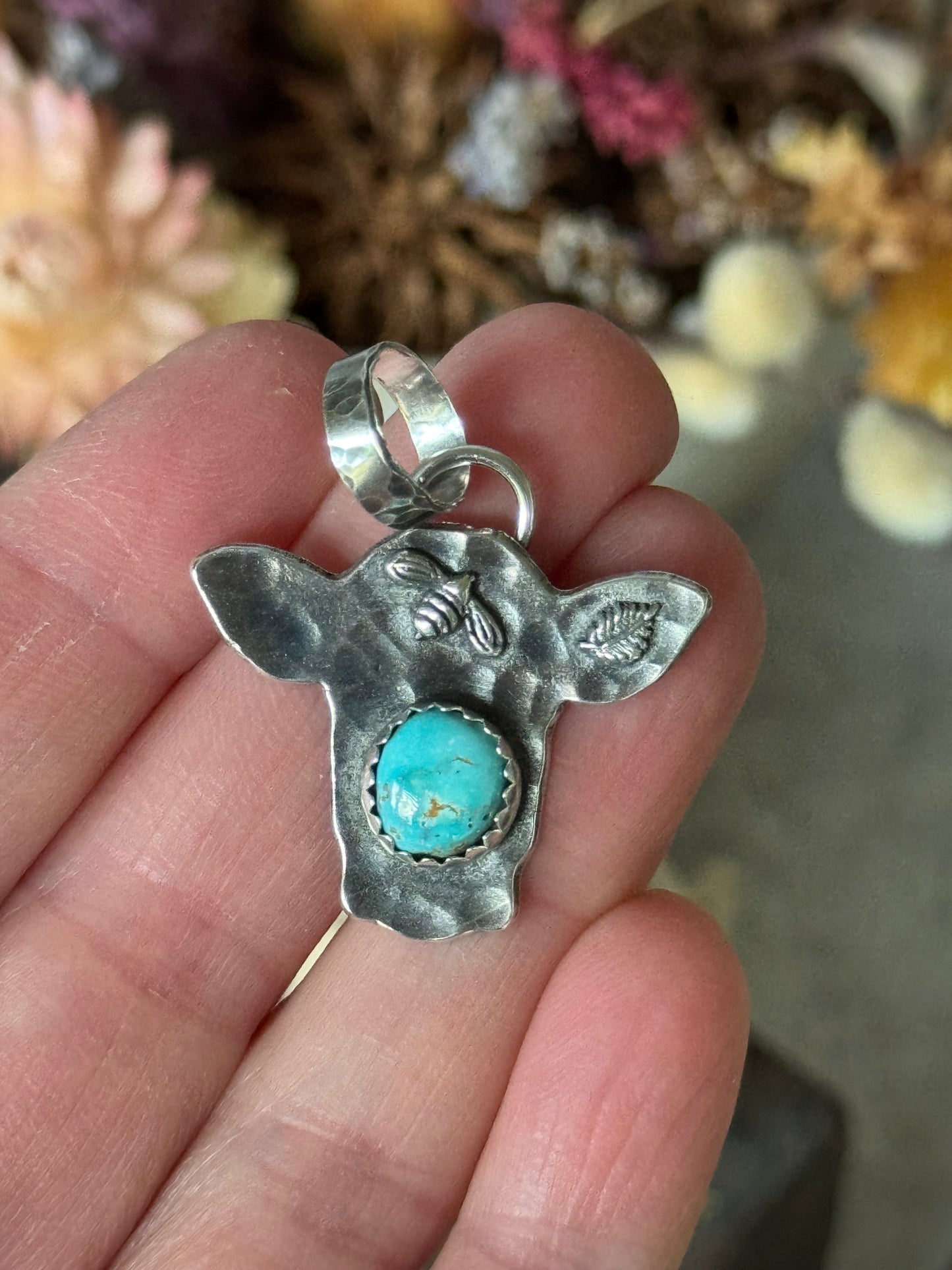 Sterling cow pendant with Lone Mountain Turquoise