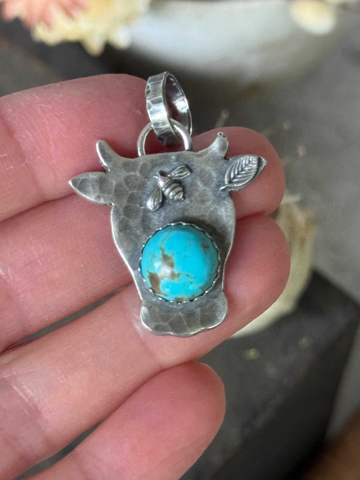 Sterling cow pendant with Number 8 Turquoise