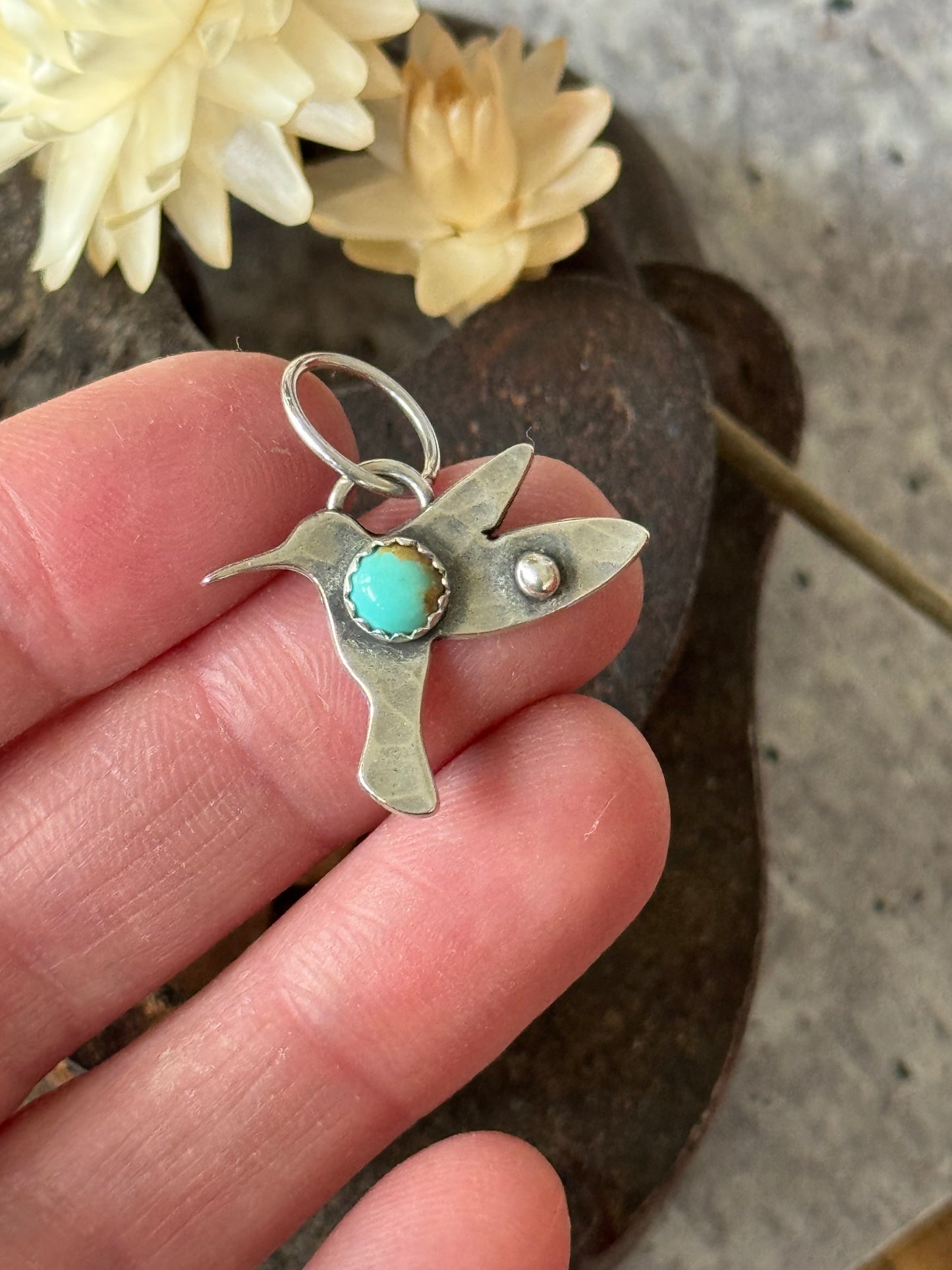 Hummingbird sterling charm with Kingman Turquoise
