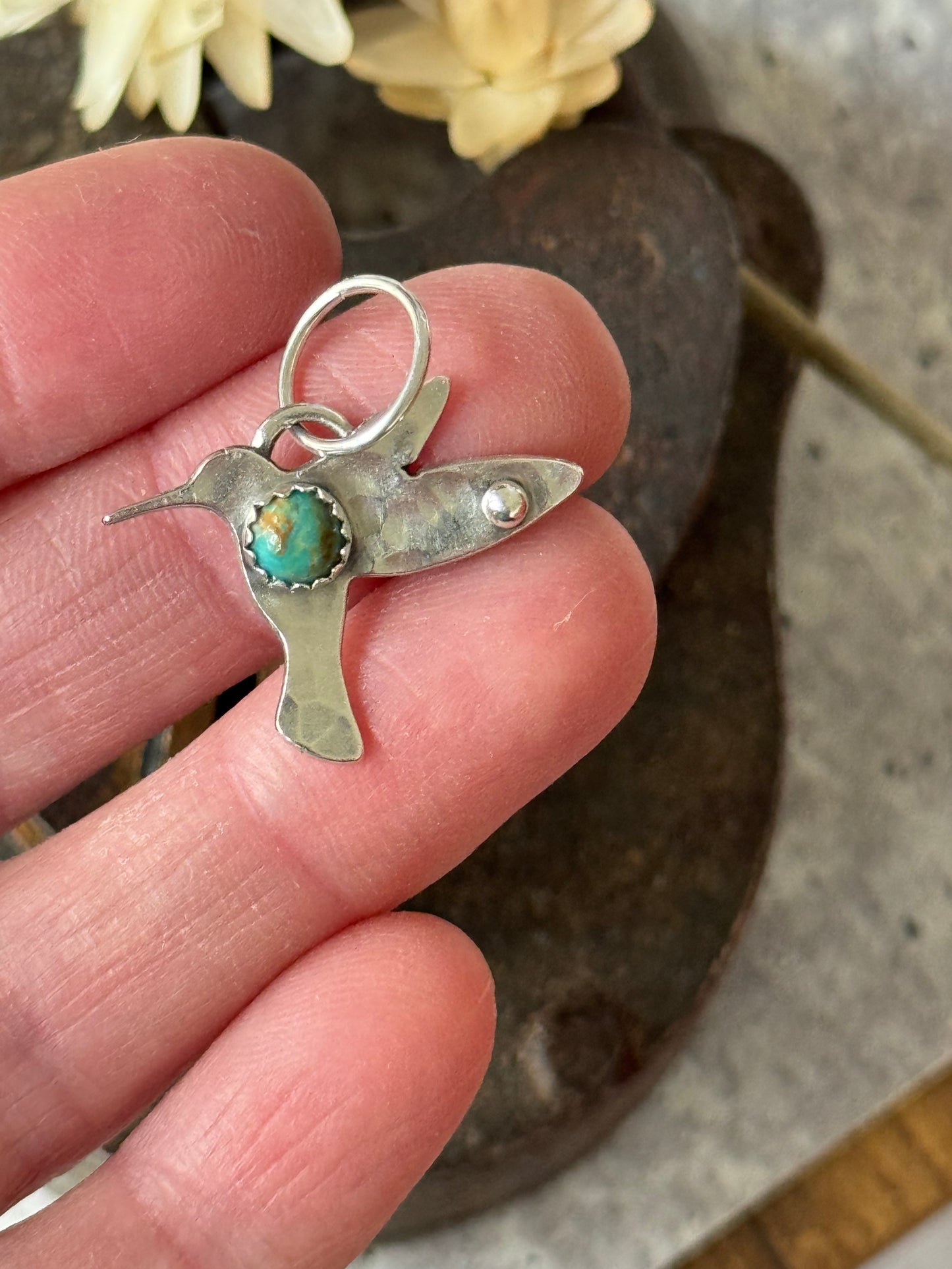 Hummingbird sterling charm with Kingman Turquoise