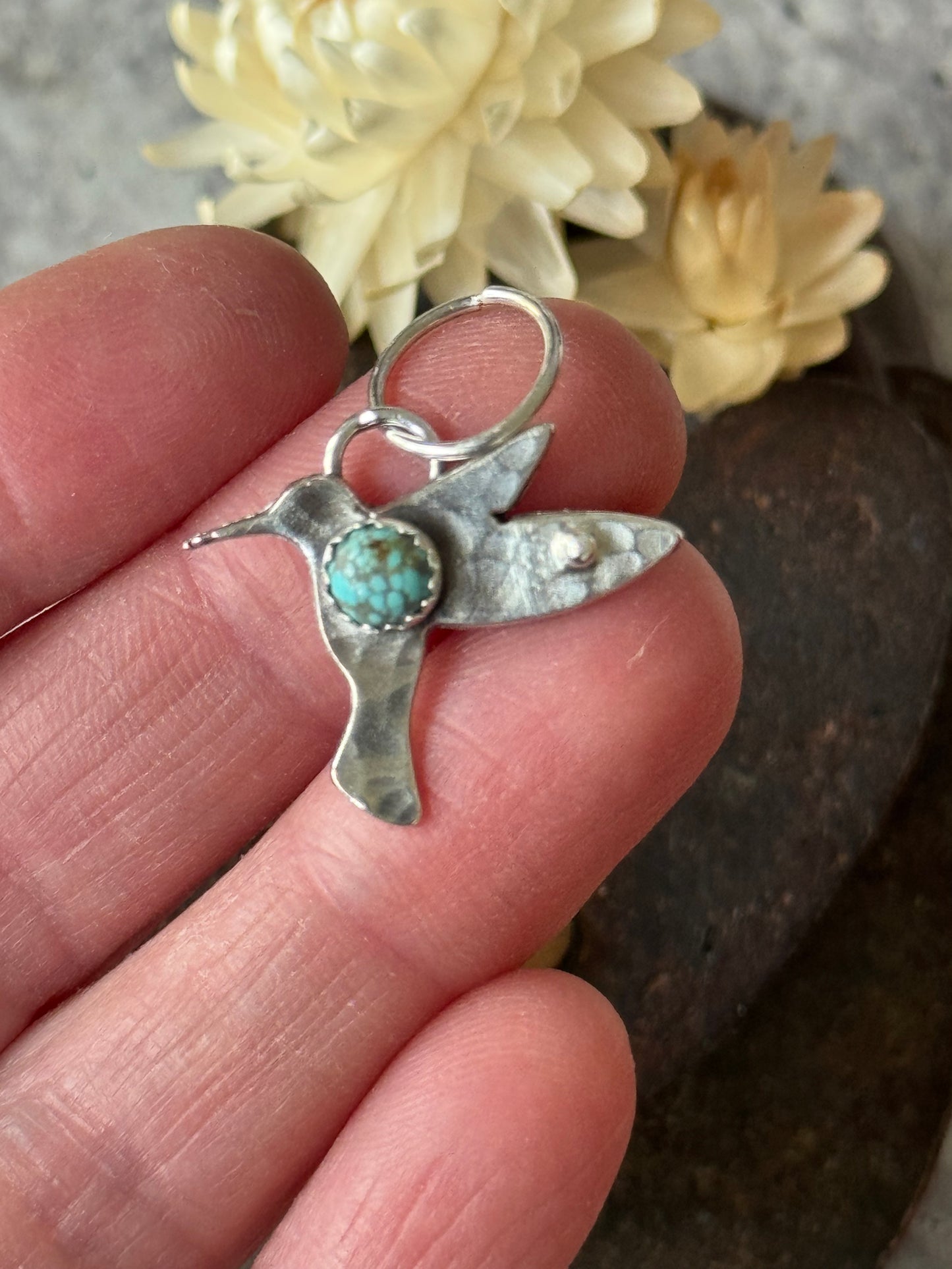Hummingbird sterling charm with Number 8 Turquoise